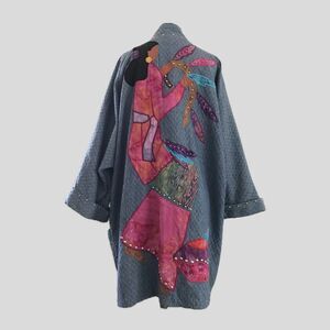 Vintage 90s Alfredos Wife Blue Quilted Denim Colorful Applique Studded Jacket L